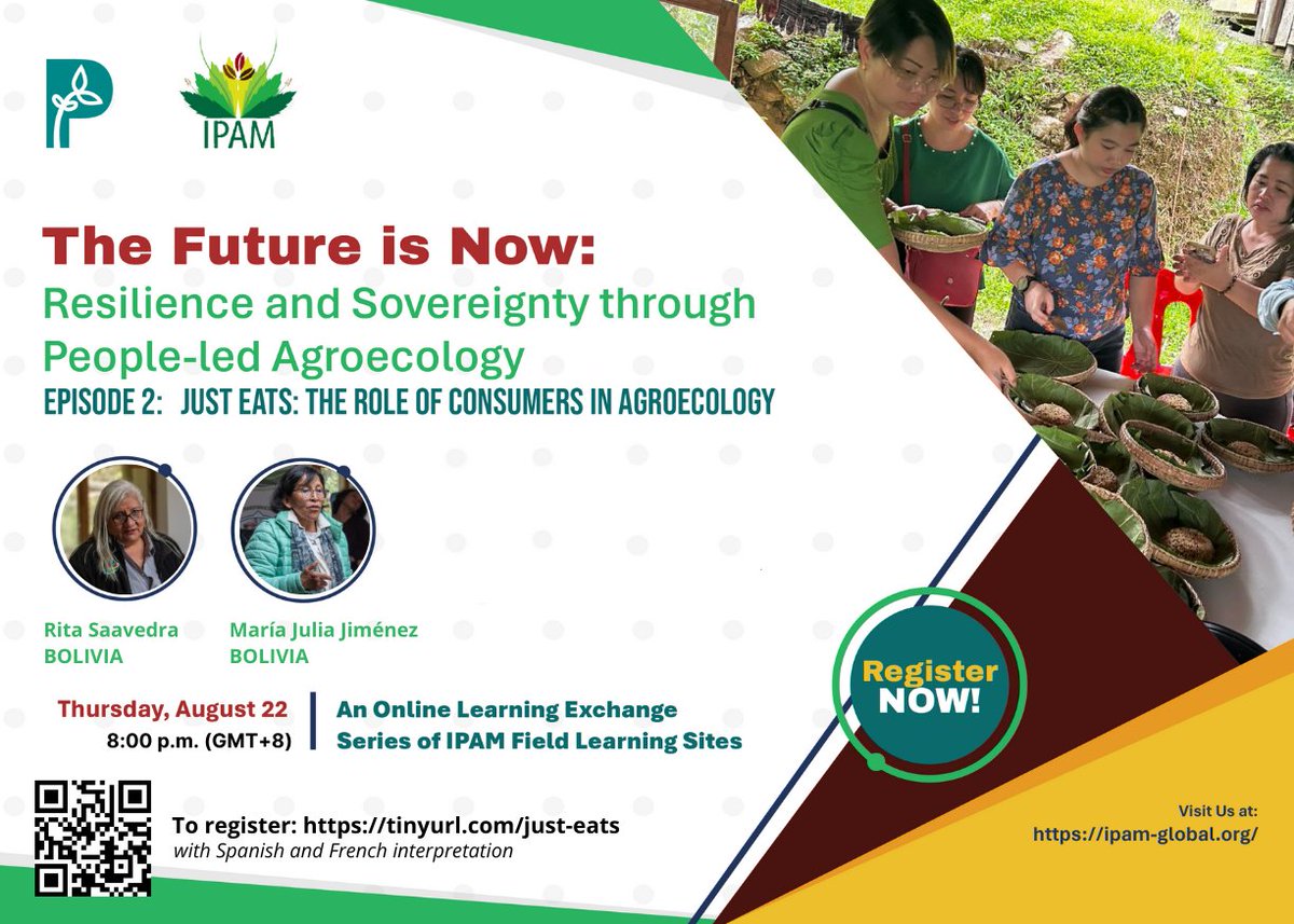 📢 HAPPENING SOON! 

What's the role of consumers in mainstreaming #agroecology ?  Let's hear it from our field learning sites in the Philippines, Pakistan, Laos &amp; Bolivia! 

Aug 22 | 8 to 10pm (GMT +8)

With Spanish and French translation

JOIN US! tinyurl.com/just-eats