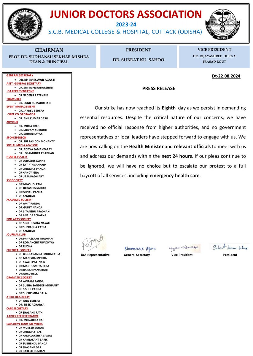 RESIDENT DOCTORS ASSOCIATION,SCB,MCH,CUTTACK (@rdascbmch2425) on Twitter photo JDA press release.. If demands are not addresed by health minister and relevant officials within 24 hour., then emergency health care services willl be booycottted <a href="/CMO_Odisha/">CMO Odisha</a> <a href="/Dr_GautamMKCG/">Dr. Gautam Bharat Panda 🇮🇳</a> <a href="/drjmnayak/">DrJyotirmaya Nayak</a>
<a href="/MahalingMukesh/">Dr. Mukesh Mahaling</a> <a href="/MohanMOdisha/">Mohan Charan Majhi</a> <a href="/SCBMCHCTC/">SCB Medical college & hospital Cuttack</a> <a href="/Dr_GautamMKCG/">Dr. Gautam Bharat Panda 🇮🇳</a> <a href="/iamsrm/">Dr Sriram Parida</a> JDA press release.. If demands are not addresed by health minister and relevant officials within 24 hour., then emergency health care services willl be booycottted <a href="/CMO_Odisha/">CMO Odisha</a> <a href="/Dr_GautamMKCG/">Dr. Gautam Bharat Panda 🇮🇳</a> <a href="/drjmnayak/">DrJyotirmaya Nayak</a>
<a href="/MahalingMukesh/">Dr. Mukesh Mahaling</a> <a href="/MohanMOdisha/">Mohan Charan Majhi</a> <a href="/SCBMCHCTC/">SCB Medical college & hospital Cuttack</a> <a href="/Dr_GautamMKCG/">Dr. Gautam Bharat Panda 🇮🇳</a> <a href="/iamsrm/">Dr Sriram Parida</a>