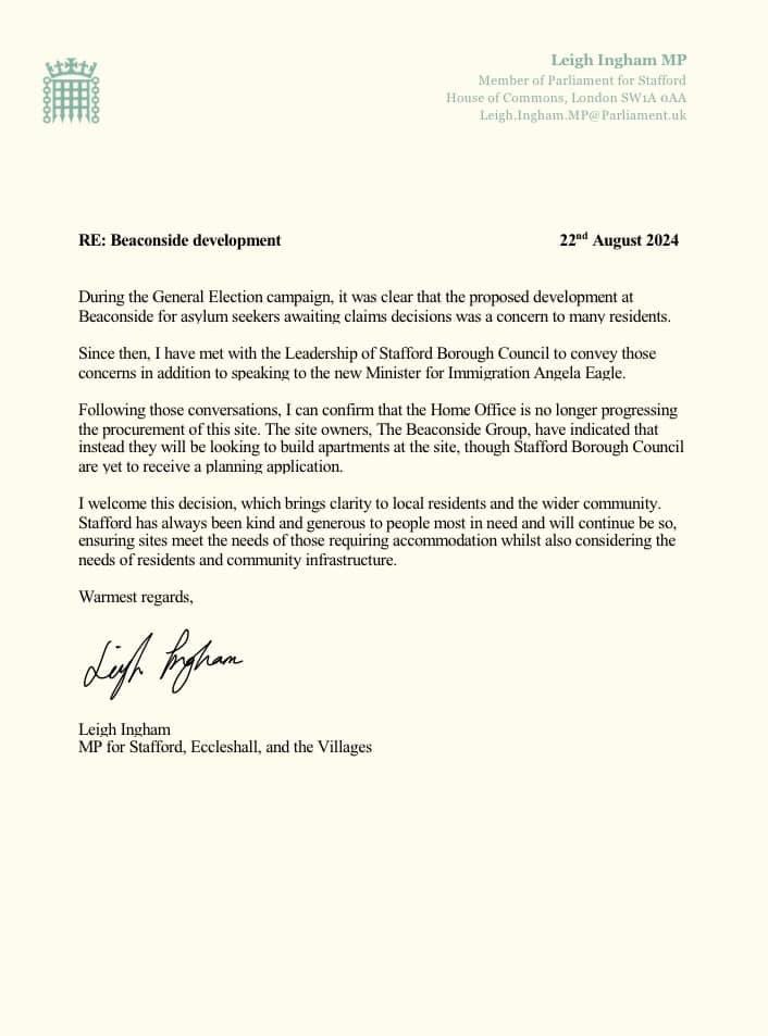 EmmaJThomas's tweet image. MP for #Stafford @LeighInghamMP confirms Home Office is no longer continuing with plans to use former university accommodation at Beaconside to house asylum seekers awaiting claim decisions.