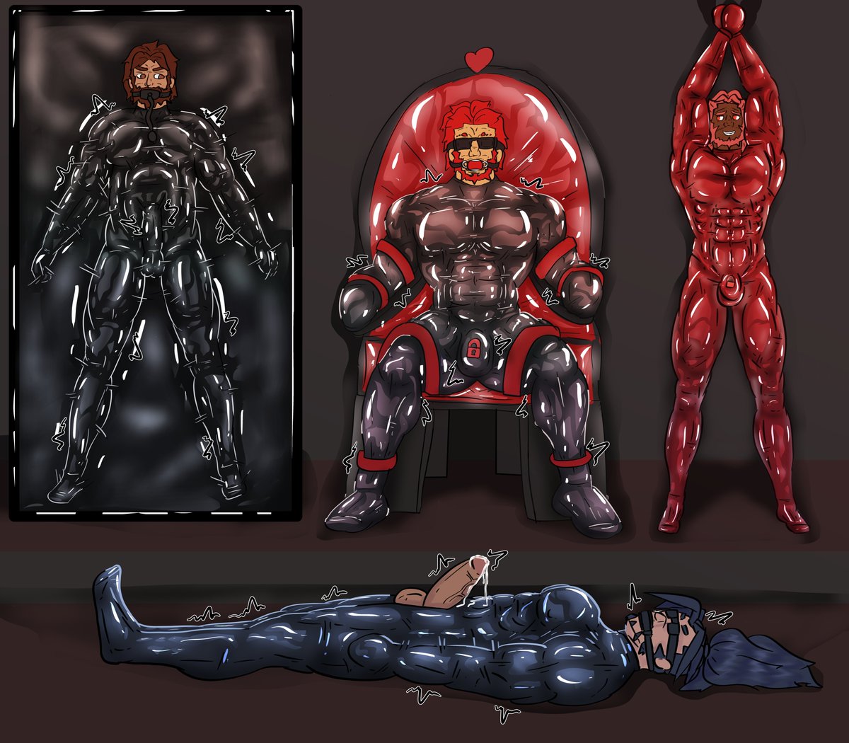 Throwing the husbands in the dungeon :3 gotta keep them fresh and secure when not in use ☺️

idk the brain rot took over for this one 😚

#nsfwart #latex #bara #oc