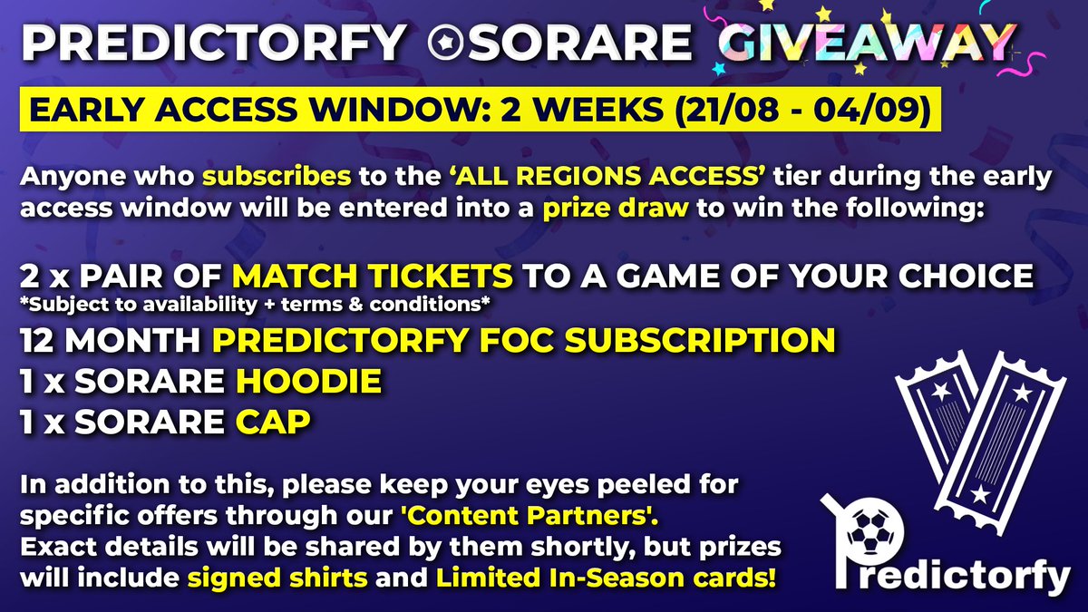 As a reminder, our, 'Early Access' offer runs until 04/09, with great discounts available on our, 'All Regions Access' subs.  Please also check out our, 'Content Partners' Twitter/X accounts for additional Exclusive offers that you can enter using their Partner Codes #Sorare