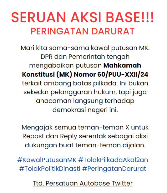 starfess's tweet image. ❗️❗️KAMI BUTUH DIBATALKAN, BUKAN DITUNDA❗️❗️

LAWAN! JANGAN LENGAH❗️❗️❗️

#KawalPutusanMK 
#TolakPilkadaAkal2an
#TolakPolitikDinasti
#PeringatanDarurat
#IndonesiaEmergencyDemocracy