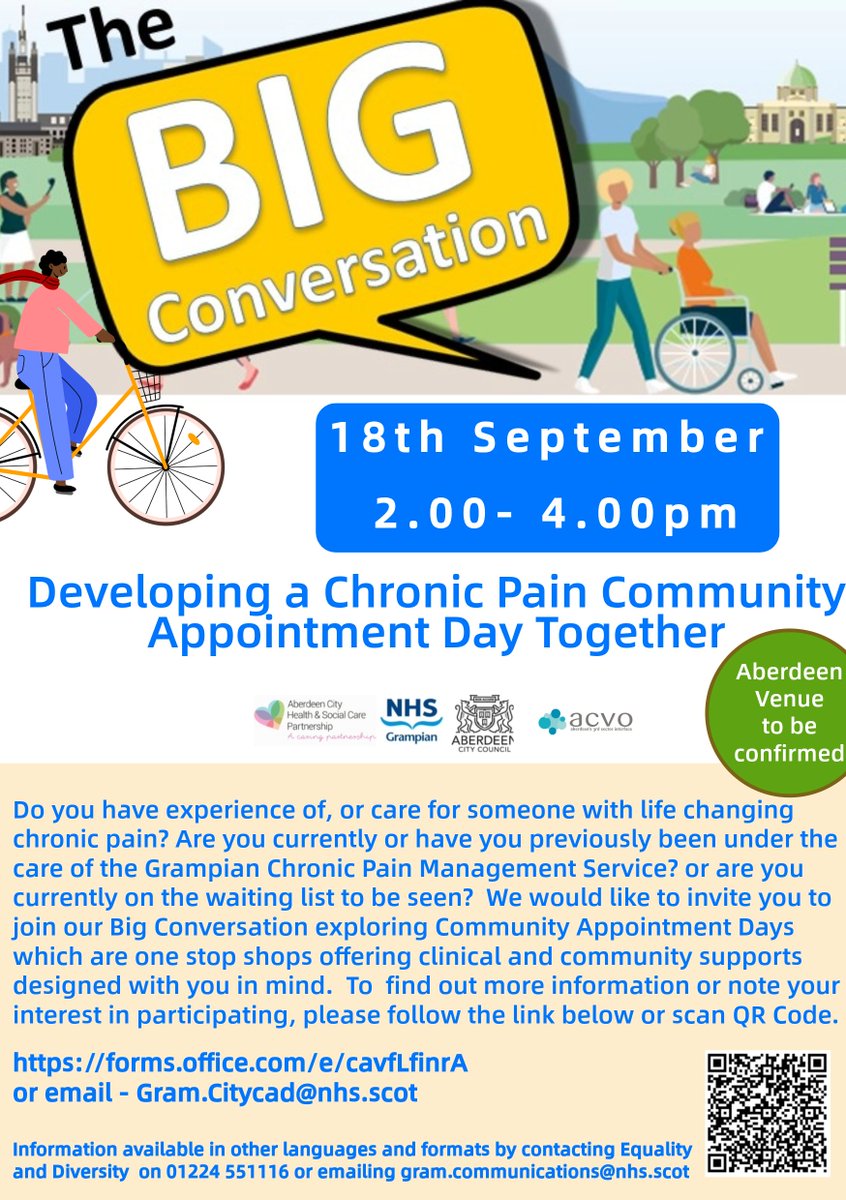 Caroline Anderson (@carolineand73) on Twitter photo Do you have experience of life changing chronic pain? Would you like to get involved in a Big Conversation about the development of Community Appointment Days for Chronic Pain? If so, please follow the link in comments, QR Code or e-mail to note your interest.
<a href="/NHSGrampian/">NHS Grampian</a> Do you have experience of life changing chronic pain? Would you like to get involved in a Big Conversation about the development of Community Appointment Days for Chronic Pain? If so, please follow the link in comments, QR Code or e-mail to note your interest.
<a href="/NHSGrampian/">NHS Grampian</a>