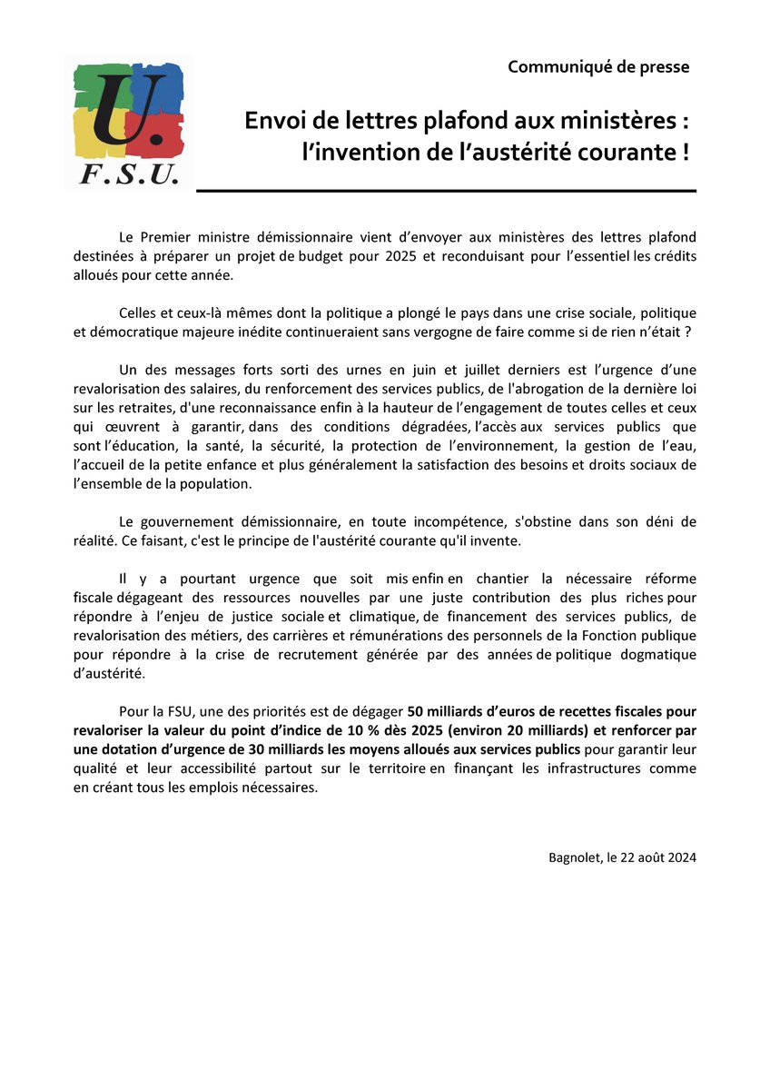 FsuNationale's tweet photo. Refuser l'austérité courante ! 
#budget2025 : la FSU exige un budget à la hauteur des enjeux (justice sociale et climatique, financement des services publics, revalorisation des métiers et des rémunérations dans la Fonction publique). Notre communiqué de presse ⬇️ https://t.co/TivINkBjcI