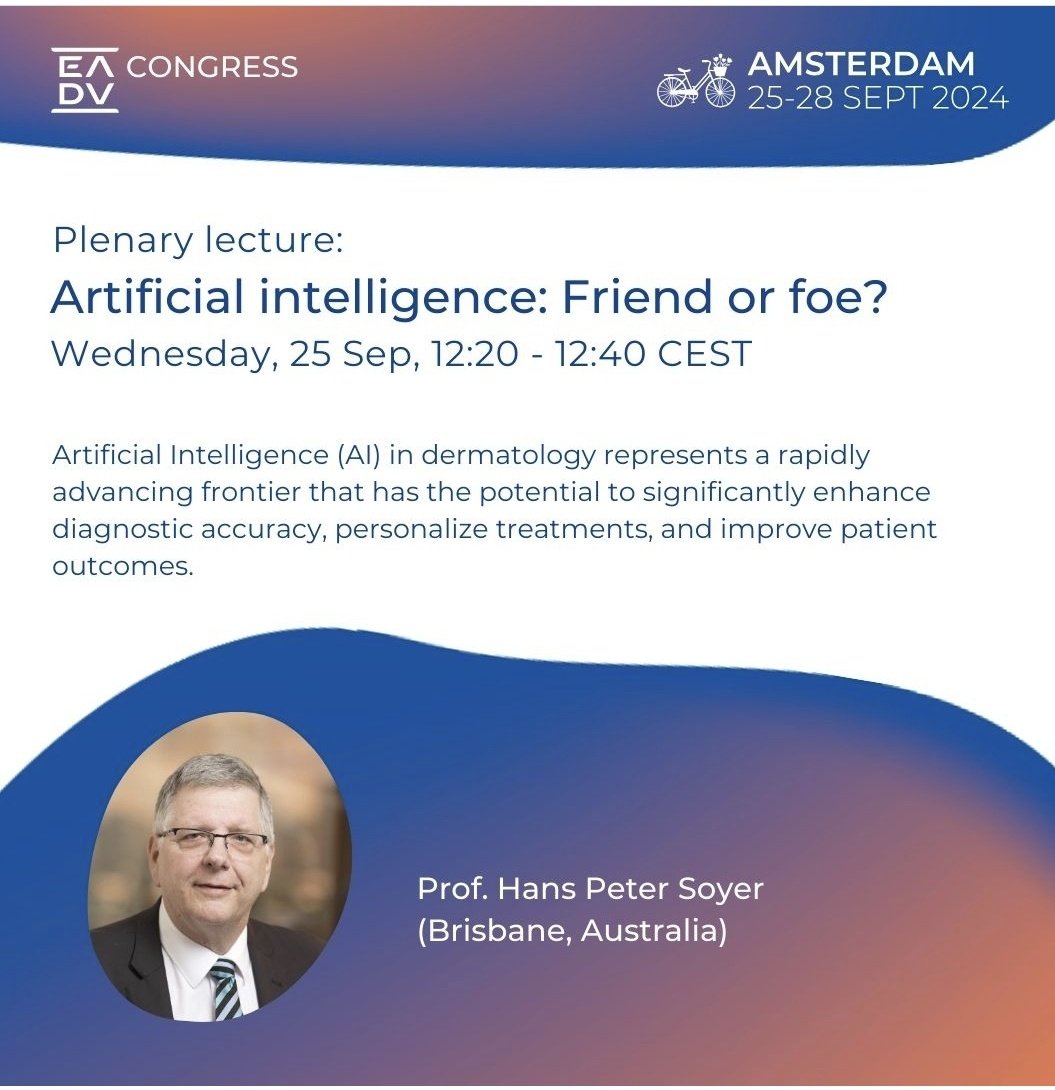Little over 1 month to go until the <a href="/eadv/">EADV</a> congress in Amsterdam, The Netherlands! 🇳🇱🌷🚲

Prof <a href="/hpsoyer/">H. Peter Soyer</a> is one of the amazing keynote speakers during the event and will be discussing the use of AI in dermatology and melanoma detection🔍

<a href="/TRI_info/">Translational Research Institute</a> <a href="/UQ_News/">UQ News</a> <a href="/AusSSC/">ASSC</a>