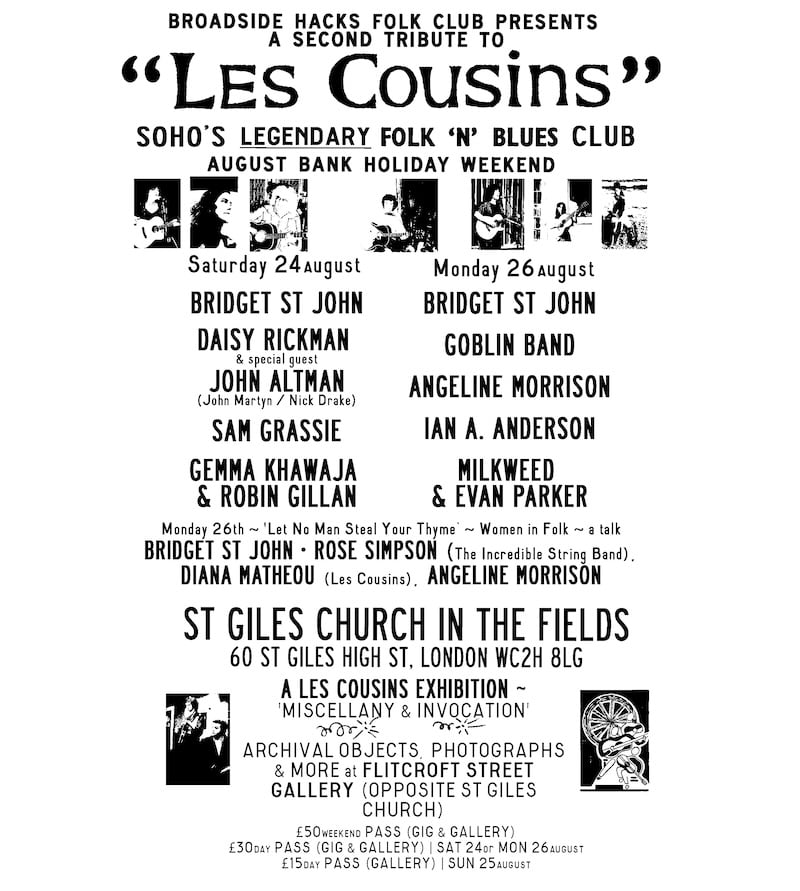klofmag's tweet photo. Broadside Hacks Folk Club presents its second tribute to the legendary Soho club Les Cousins. Ft. Bridget St. John, Daisy Rickman, Goblin Band, Sam Grassie, Gemma Khawaja, Angeline Morrison, Milkweed, Ian A. Anderson and more. https://t.co/e3gkkslCFi https://t.co/G5zoURBwlU