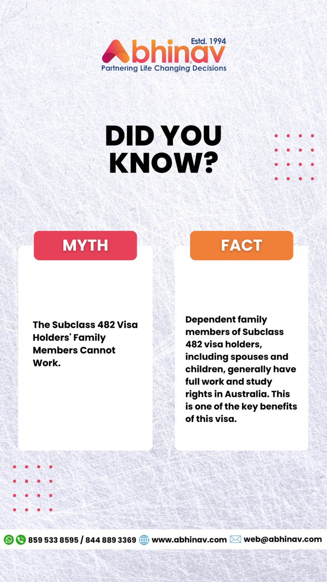 abhinavimmi's tweet photo. Fact Check: Subclass 482 Visa Holders' Family Members Can Work!
Kickstart your Process Now: https://t.co/D3UfkeFyhc.
For further inquiries, feel free to reach out to us at +91-8595338595 or send us an email at web@abhinav.com.
#Subclass482 #VisaFacts #AustraliaImmigration https://t.co/LVSySemAkq