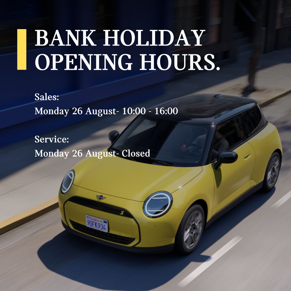 Check out our Bank Holiday opening hours for Monday 26 August 2024.

Sales:
Monday 26 August- 10:00 - 16:00

Service:
Monday 26 August- Closed