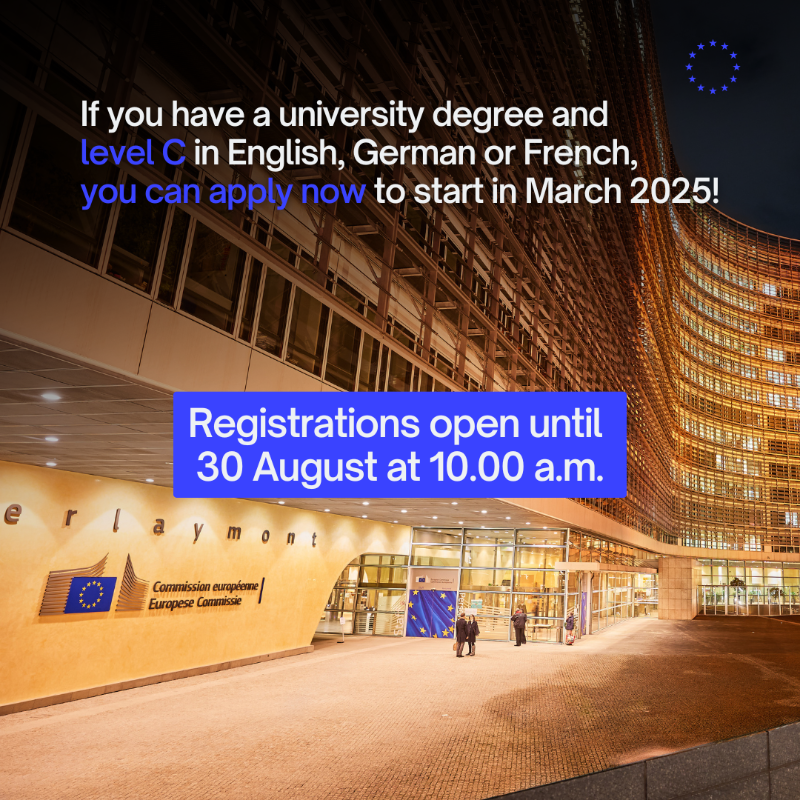 EU_Commission's tweet photo. 🔔 #BlueBookTraineeship Deadline Alert

Whether you are a recent graduate or an experienced professional making a career shift, don’t miss the chance to spend 5 unforgettable months with us!

➡️ Applications are still open for the next round until 30 August 2024.

More info ↓