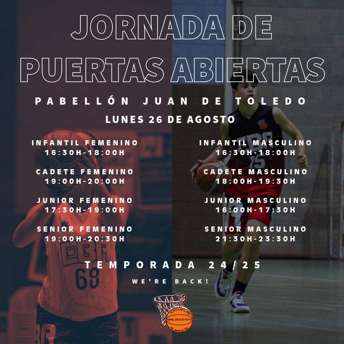 EBA_Albacete's tweet photo. 🏀 JORNADA DE PUERTAS ABIERTAS 

Ya tenemos fecha para empezar…✍🏼 El lunes 26 comienza la pretemporada

🏟️ Pabellón Juan de Toledo
Si estás buscando equipo de basket te esperamos el lunes en el entrenamiento
 
👇🏼En la foto tenéis todos los horarios por categorías
#masEBAquenunca https://t.co/KSGDKLhNZl