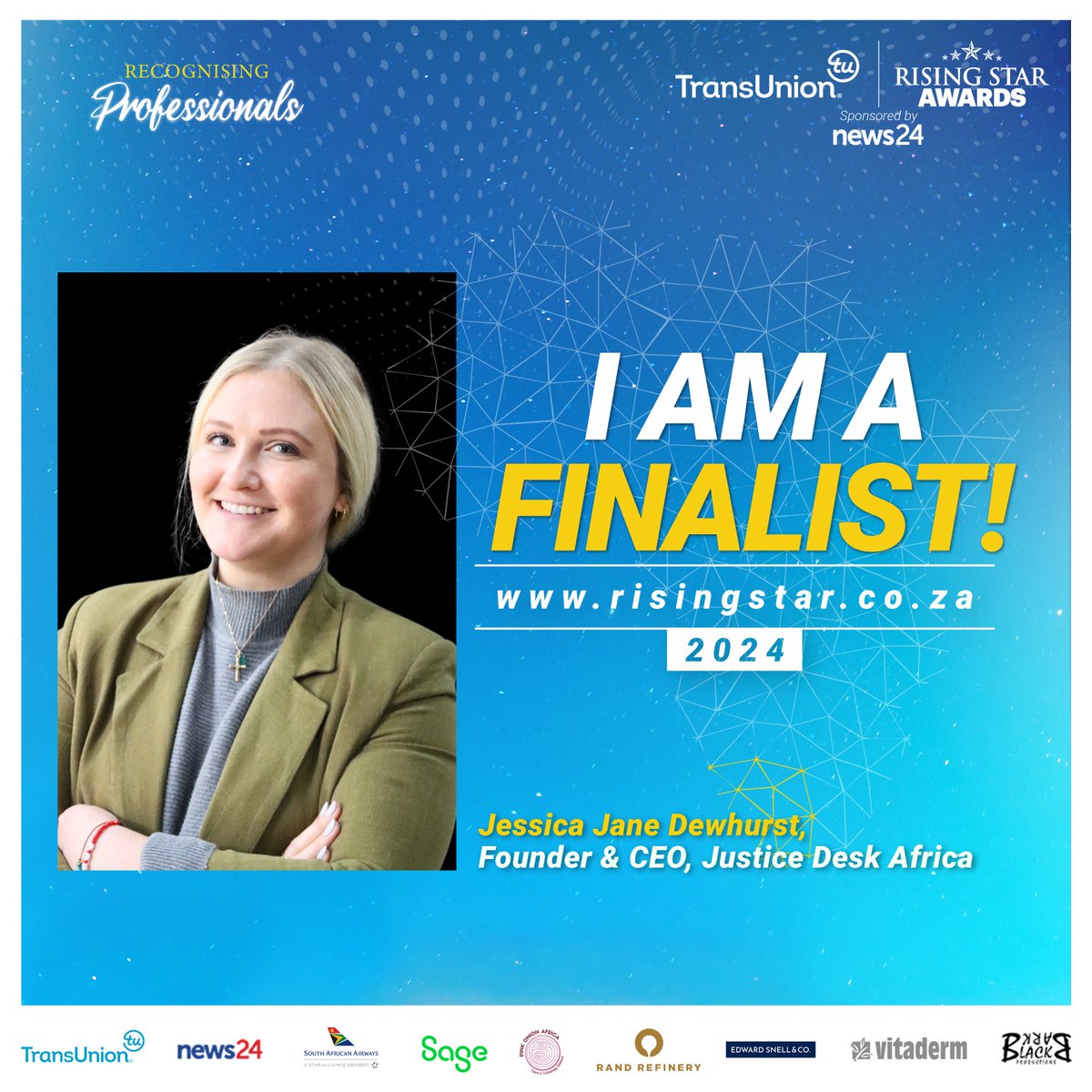 Huge congratulations to our CEO <a href="/JessDewhurstSA/">Jessica Dewhurst 🇿🇦</a> for being named a finalist in the 2024 <a href="/TransUnion/">TransUnion</a> <a href="/RisingStarSA/">RisingStar SA</a> Awards! 🎉

A big thank you to our supporters, communities, and activists who make this journey possible.

#JusticeDeskAfrica #RisingStarSA #RisingStar2024 <a href="/News24/">News24 🇿🇦</a>
