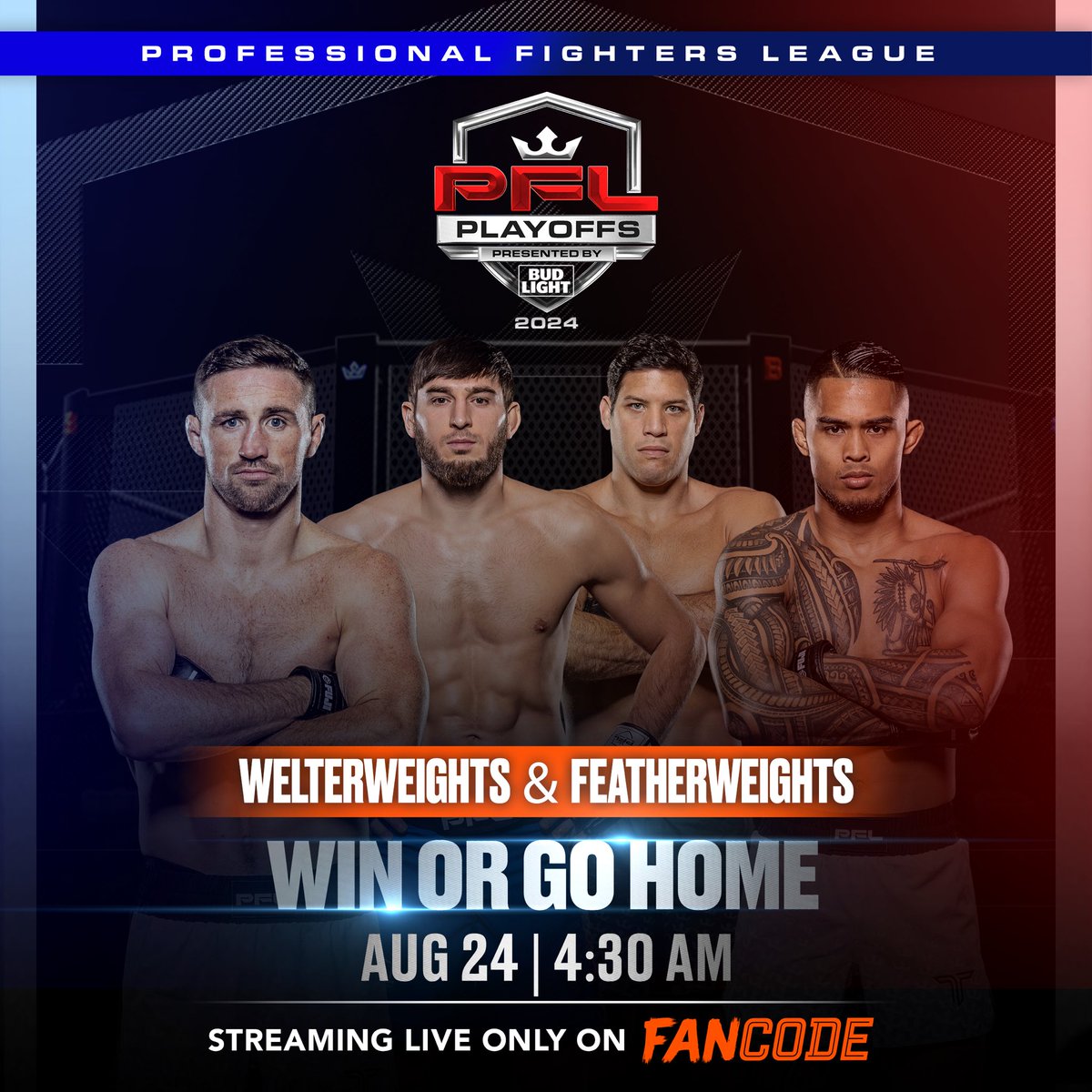 FanCode's tweet photo. The 2024 #PFLPlayoffs come to a close in Washington, D.C. 🇺🇸
Catch all the action featuring the Welterweights & Featherweights, LIVE on #FanCode!
#PFLonFanCode https://t.co/8UNASDbyKr