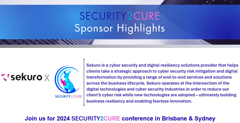 security2cure's tweet image. We're pleased to announce @WeAreSekuro as a sponsor for both the Brisbane and Sydney conferences at security2cure 2024! Join us in Sydney on 23 August for insightful discussions, presentations, and networking. Secure your tickets now at security2cure.com.au. See you there!