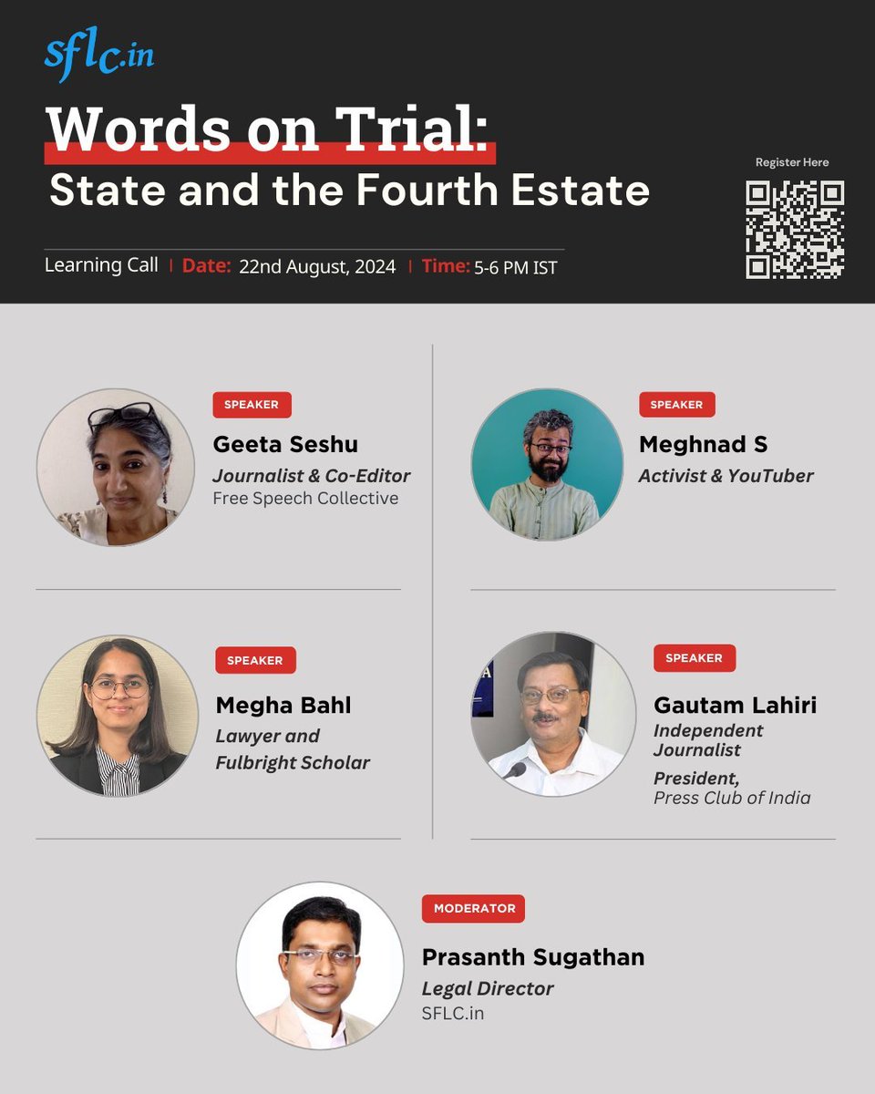#RegisterNow #HappeningToday

Last call to register for the Learning Call!

Join us today for the virtual Learning Call, “Words on Trial: State and the Fourth Estate,” scheduled for August 22, 2024, at 5:00 - 6:00 PM IST

Register Now: form.sflc.in/sflc-in-learni…

<a href="/PCITweets/">Press Club of India</a>