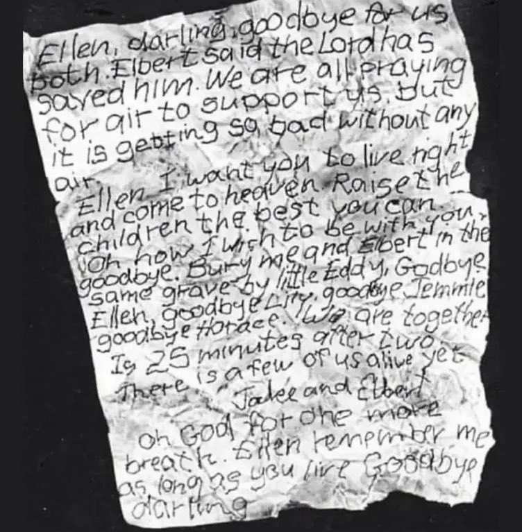 Heart: This is a  Letter from a trapped coal miner says goodbye to his wife, 1902