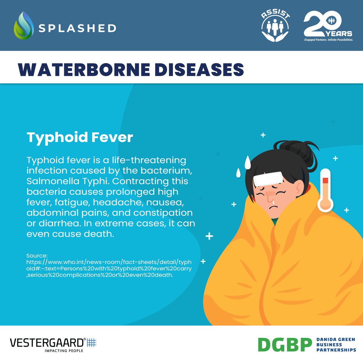 📷 Did You Know? 📷
Typhoid Fever is a life-threatening infection caused by the bacterium Salmonella Typhi. It leads to prolonged high fever, fatigue, headaches, nausea, abdominal pain, and either constipation or diarrhea. In severe cases, it can be fatal.