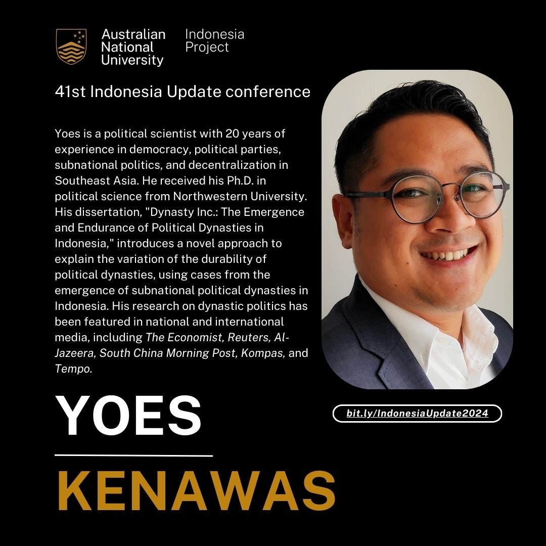 ANU Indonesia Project (@anuindonesia) on Twitter photo With protests sparking across Indonesian social media,<a href="/yoeskenawas/">Yoes C. Kenawas</a>'s timely presentation will explore Indonesia's first instance of direct dynastic succession by an incumbent president, examining the mechanisms behind Jokowi's dynasty-making. Sign up here: bit.ly/IndonesiaUpdat… With protests sparking across Indonesian social media,<a href="/yoeskenawas/">Yoes C. Kenawas</a>'s timely presentation will explore Indonesia's first instance of direct dynastic succession by an incumbent president, examining the mechanisms behind Jokowi's dynasty-making. Sign up here: bit.ly/IndonesiaUpdat…