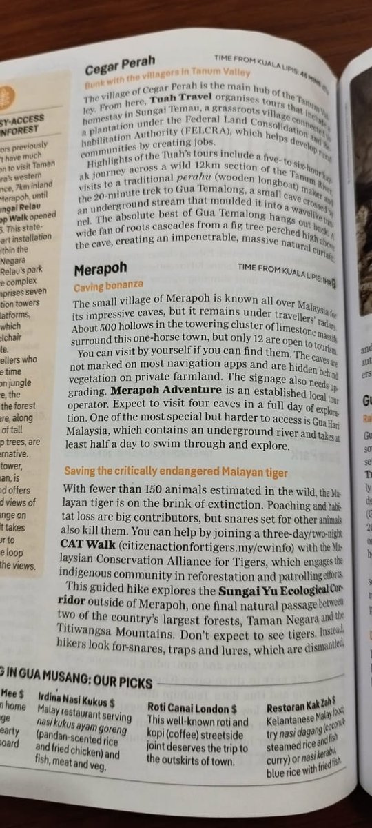MYCAT’s Citizen Action For Tigers (CAT) Walk has made the latest issue of Lonely Planet’s (<a href="/lonelyplanet/">Lonely Planet</a>) guide to Malaysia, Singapore &amp; Brunei. Merapoh Adventure House, one of the guesthouses where CAT Walk participants overnight gets a glowing mention too.