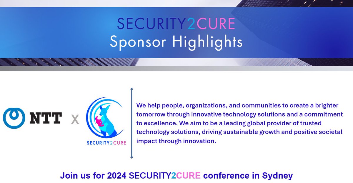 security2cure's tweet image. We’re excited to introduce @NttResearch as a sponsor for security2cure 2024 conferences! Don’t miss the Sydney conference on 23 August for engaging presentations, thought-provoking discussions, and valuable networking. Purchase your tickets at security2cure.com.au.