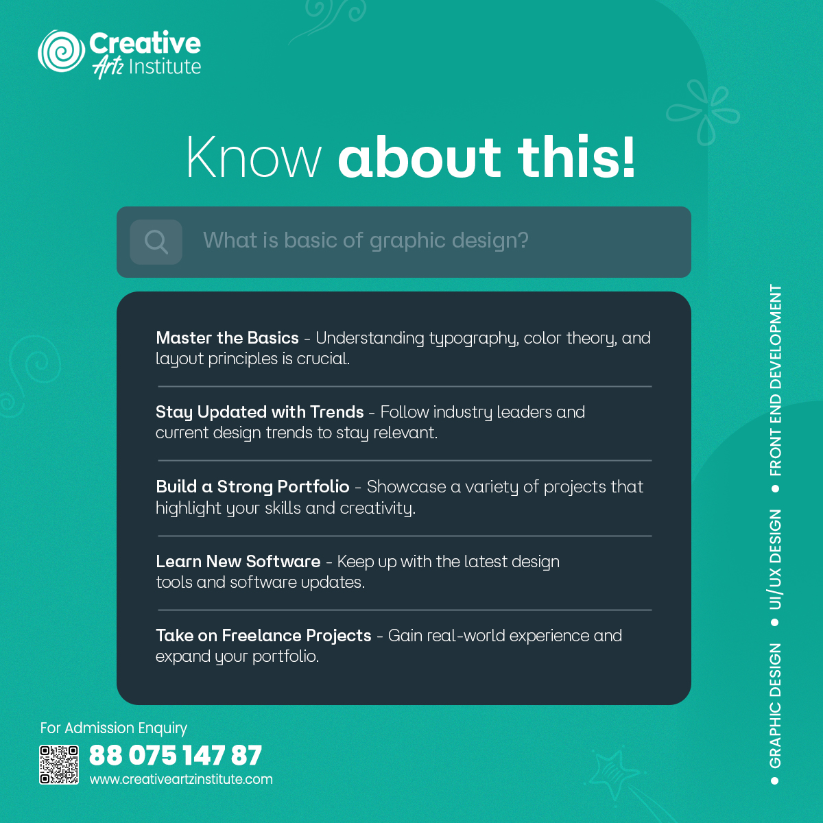 CAI_chennai's tweet photo. Know about this!๐ค
What is basic graphic design?
Book Your Admission!
โ
Contact Us: +91 88075 14787
โ
Visit Us At: https://t.co/tzJfRjQzHu
#GraphicDesign #Design #StudentDesigners #GraphicDesignCourse #CreativeArtzInstitute #GraphicDesign #Eduction #Job #CAI #Chennai https://t.co/VqJa9mJhzq