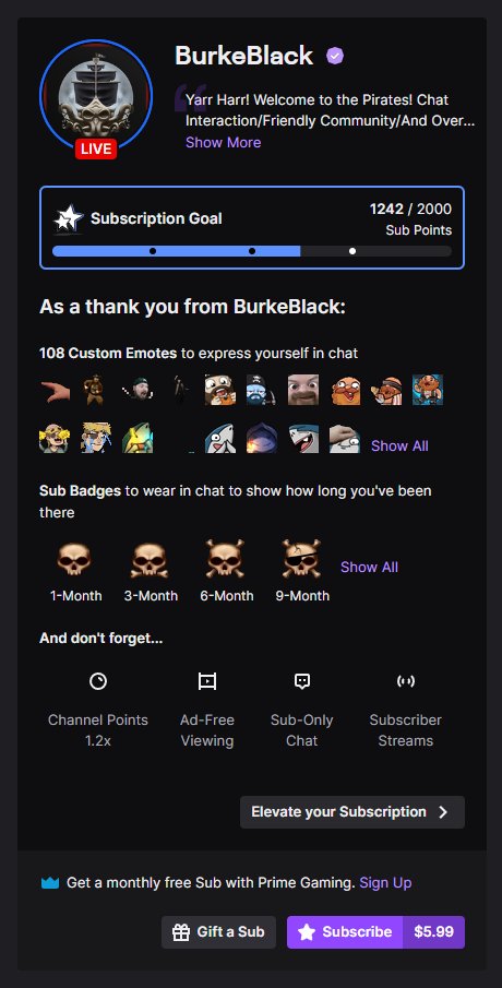 btw you can avoid paying the increased sub prices in app by paying for the sub outside of in app purchases

twitch has a dedicated sub buying site at subs.twitch.tv<channel> that you can visit on your phone browser

so for <a href="/0BurkeBlack0/">BurkeBlack</a> thatd be subs.twitch.tv/burkeblack