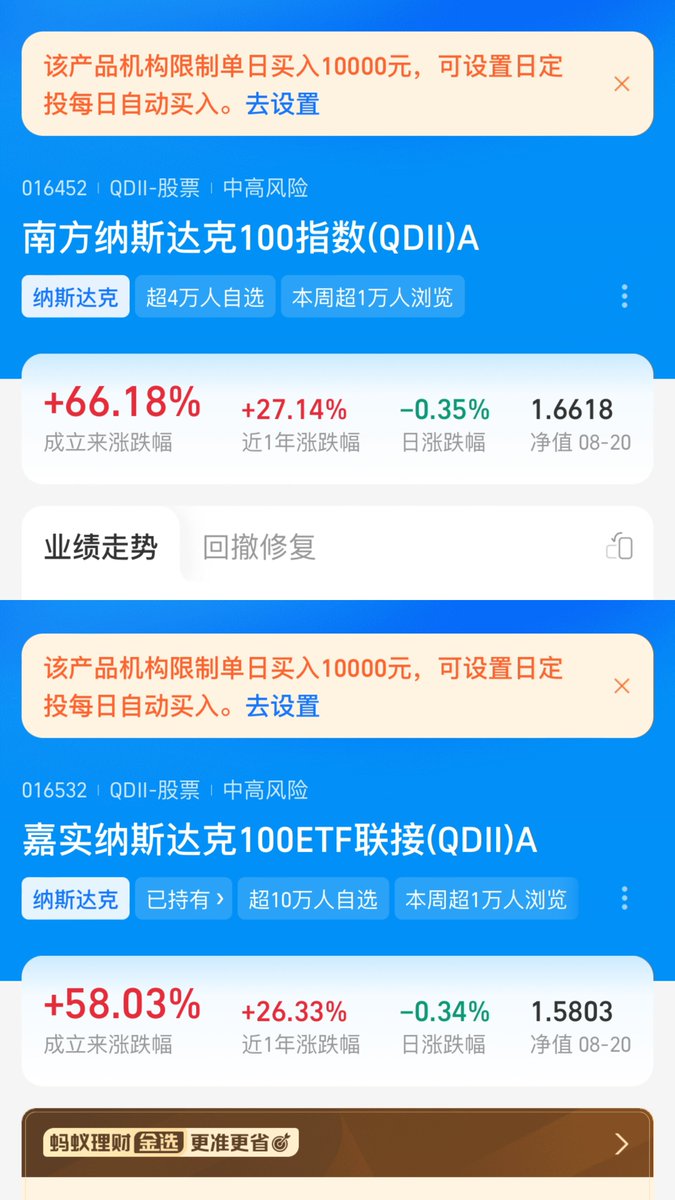 支付宝上还有哪些QDII基金额度比较大？ 纳指： 1、南方纳斯达克100指数A，代码016452，每天限购1万元。 2、嘉实纳斯达克100ETF联接A，代码016532，每天限购1万元。  标普： 摩根标普500指数A，代码017641，每天限购5000元。