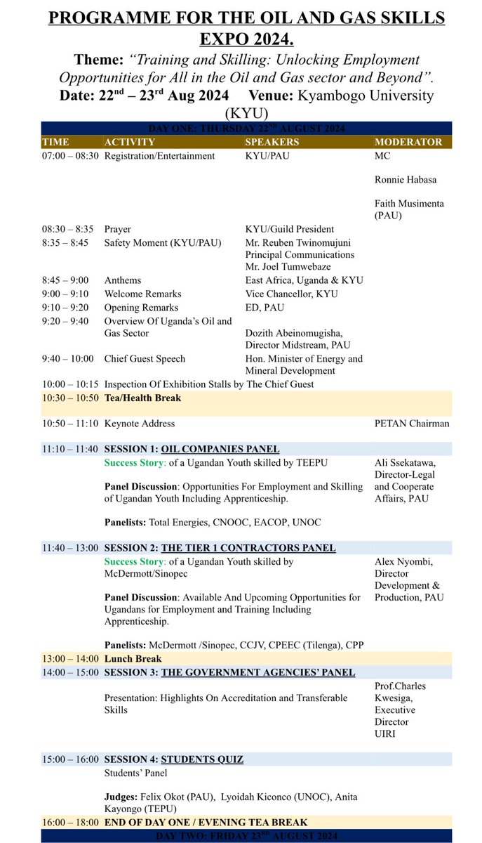 Sandra Kyoshabire (@gkyoshabire) on Twitter photo Here is the program highlighting the sequence of events happening on the first day at the #OilSkillsExpo24 that is currently underway at <a href="/kyambogou/">KYAMBOGO UNIVERSITY</a>
Do follow the live proceedings of the expo on youtube.com/live/KNcrh1Y1n…
#OilSkillsExpo24
#CreatingLastingValue
#UgOilJourney Here is the program highlighting the sequence of events happening on the first day at the #OilSkillsExpo24 that is currently underway at <a href="/kyambogou/">KYAMBOGO UNIVERSITY</a>
Do follow the live proceedings of the expo on youtube.com/live/KNcrh1Y1n…
#OilSkillsExpo24
#CreatingLastingValue
#UgOilJourney