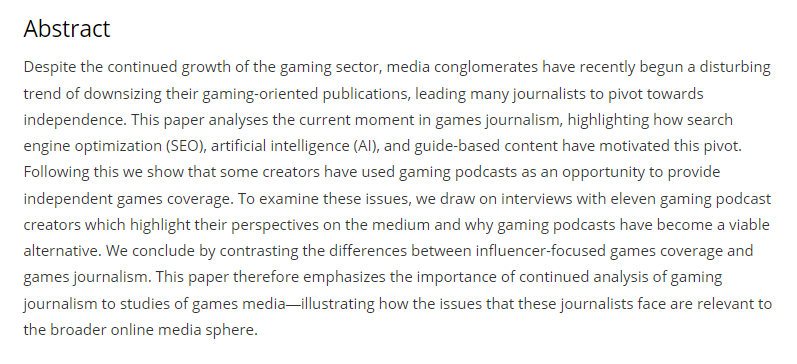 mrj_games's tweet image. Super proud of my PhD student @RantingStant for leading on this fantastic (and very timely) paper examining all the games journalism closures we're seeing at the moment. It's open access!

journals.sagepub.com/doi/10.1177/15…