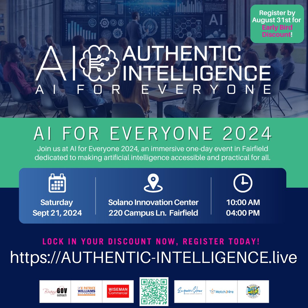 Unlock your potential at AI for Everyone 2024! Whether you're a small business owner, job seeker, nonprofit leader, or just curious this conference has something for you. 

🌟Early Bird Discount🌟 until Aug. 31!

authentic-intelligence.live

#AIforEveryone2024 #AuthenticIntelligence