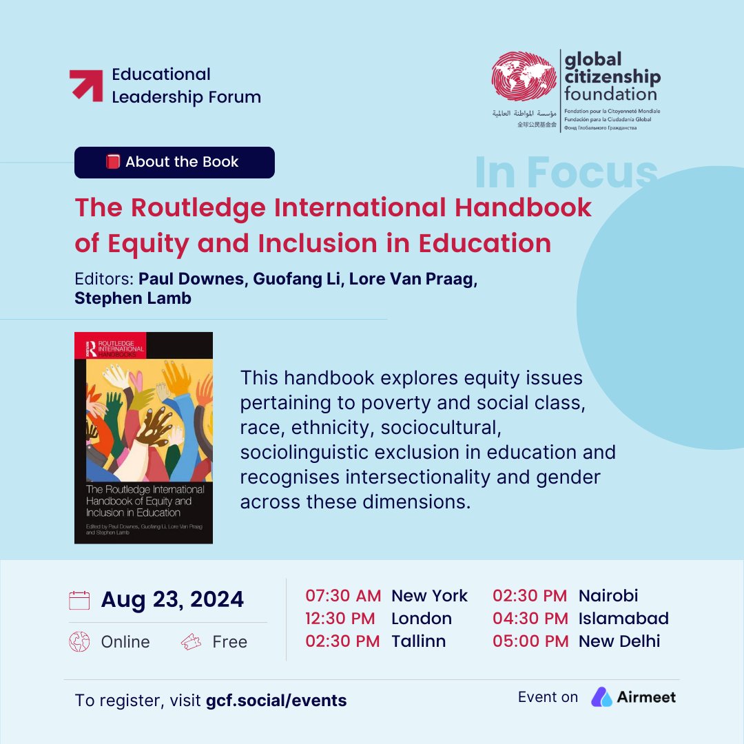 Global Citizenship Foundation (@citizenshipfund) on Twitter photo Join us on Aug 23 for an engaging #FiresideChat with Prof. Paul Downes as we delve into his latest edited work - The Routledge International Handbook of Equity and Inclusion in Education.
Register here: gcf.social/events
<a href="/routledgebooks/">Routledge Books</a>
<a href="/DCU/">Dublin City University</a>
#27thELF #EquityandInclusion Join us on Aug 23 for an engaging #FiresideChat with Prof. Paul Downes as we delve into his latest edited work - The Routledge International Handbook of Equity and Inclusion in Education.
Register here: gcf.social/events
<a href="/routledgebooks/">Routledge Books</a>
<a href="/DCU/">Dublin City University</a>
#27thELF #EquityandInclusion