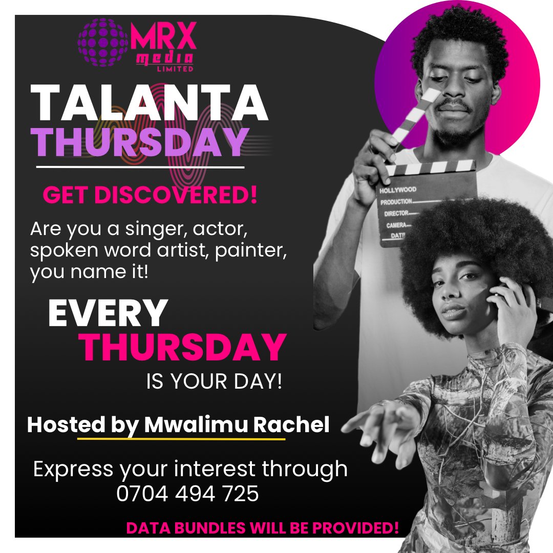 MRX2TheWorld's tweet photo. WE’RE BACK!! ���🎉 Calling all young creatives! Your talent deserves the spotlight. Join #TalantaThursday with @MwalimuRachel and get discovered. Text 0704 494 725 to get started! 🌟 Data bundles provided. 

Requirements:
🎥 Camera on
🔊 Be audible

#GetDiscovered #MRXMedia https://t.co/PjYAu5bxzN