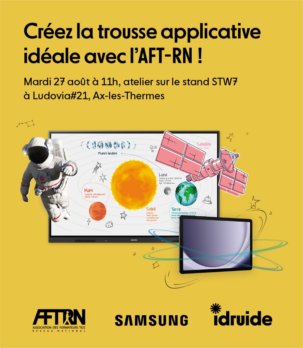 👌Créez la trousse applicative idéale avec l’Association des formateurs TICE, réseau national! Pour <a href="/ludoviaORG/">@ludoviaorg.bsky.social</a>, <a href="/idruide/">idruide</a>, <a href="/SamsungFR/">Samsung FR</a> et <a href="/AftrnTice/">Association des Formateurs TICE</a> vous invitent à un atelier de co-création autour du nouvel ENI Samsung administré par idruide le 27 août à 11h sur le stand STW7!