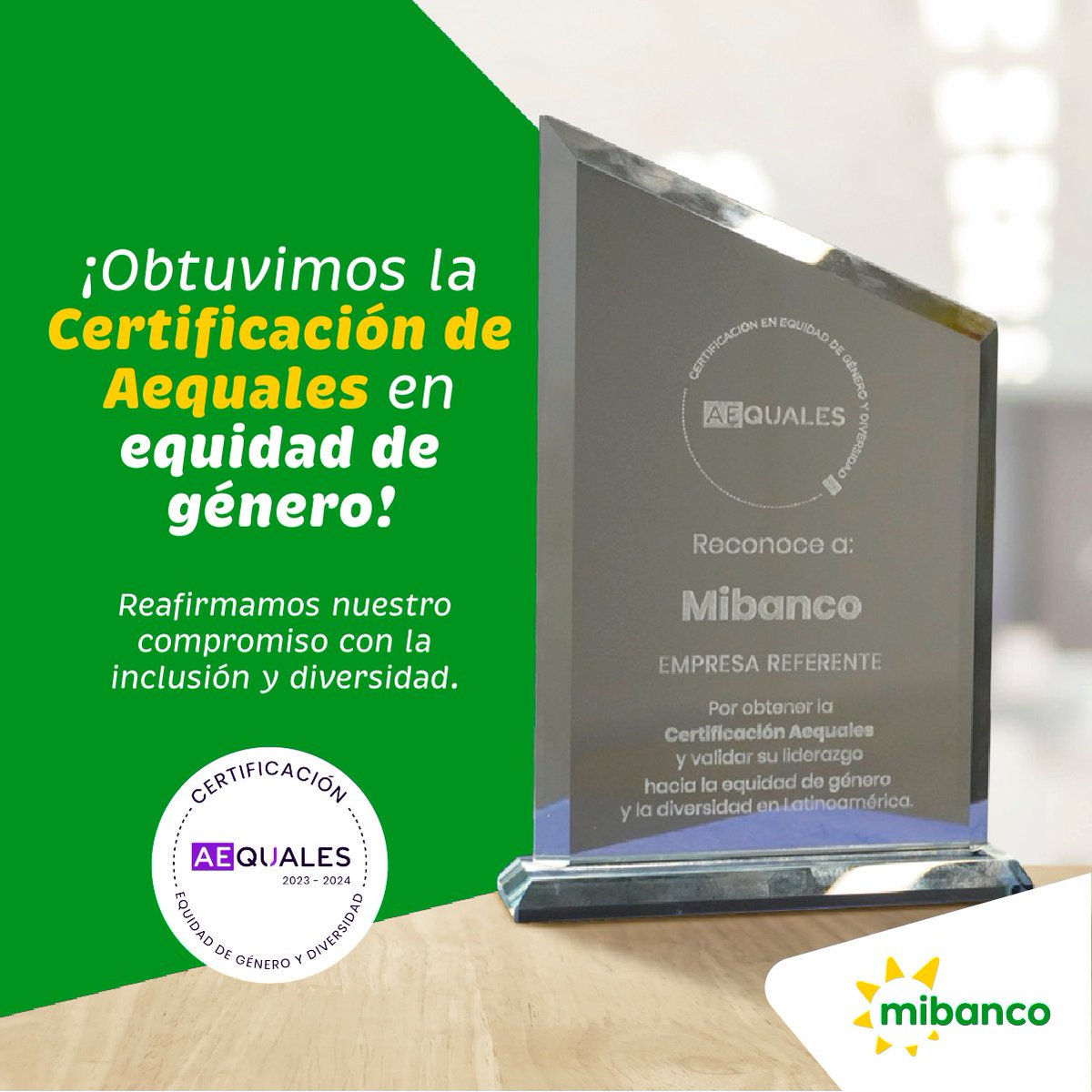 En <a href="/MibancoPE/">Mibanco</a> nos enorgullece haber sido reconocidos con la certificación <a href="/AequalesLAT/">Aequales</a>, que destaca nuestro esfuerzo por crear espacios inclusivos y equitativos. ¡Sigamos trabajando juntos por un futuro con mejores oportunidades para todos! #EquidadDeGénero #Diversidad