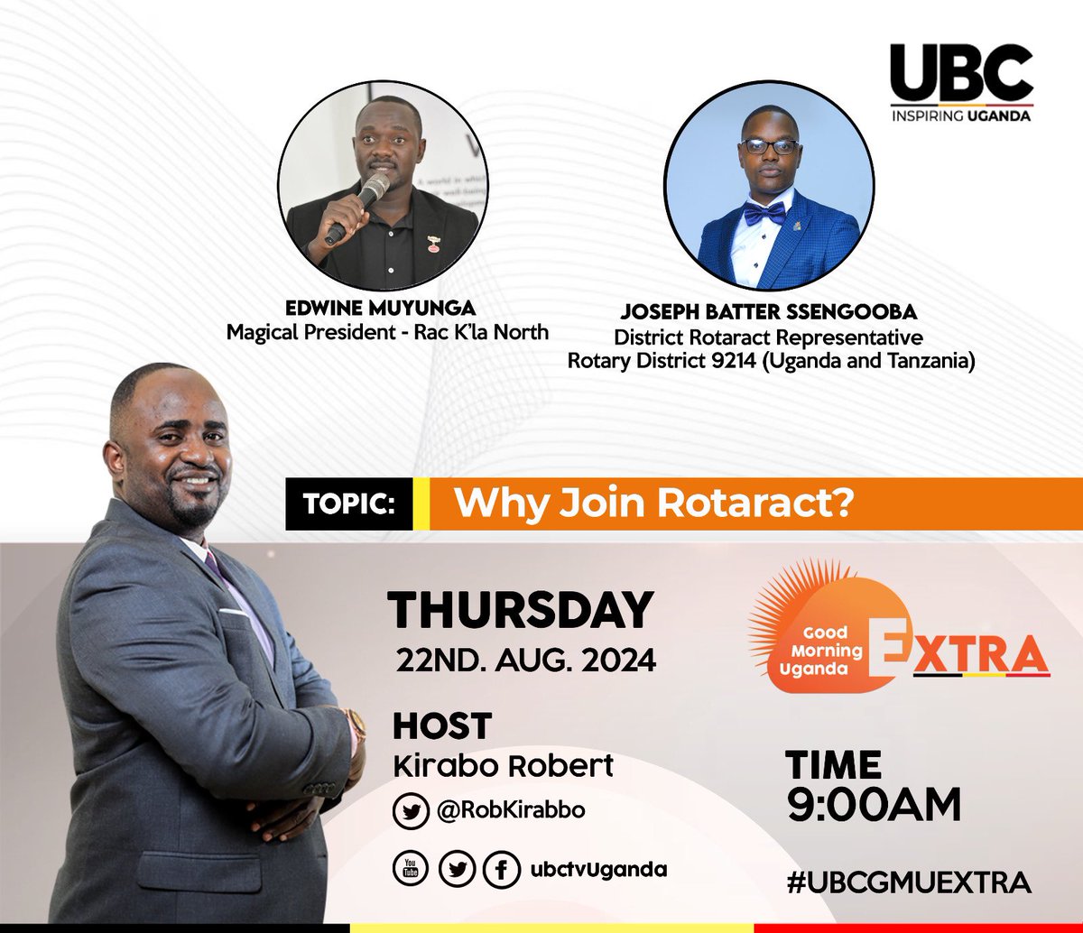 Alycespeechie's tweet image. Live now📌on @ubctvuganda 
Join the discussion on Why you should join Rotaract. #ItsTimeToJoinRotaract campaign is to motivate, inspire and attract young people to join the family ready to solve community most pressing challenges, develop leadership skills, social network etc