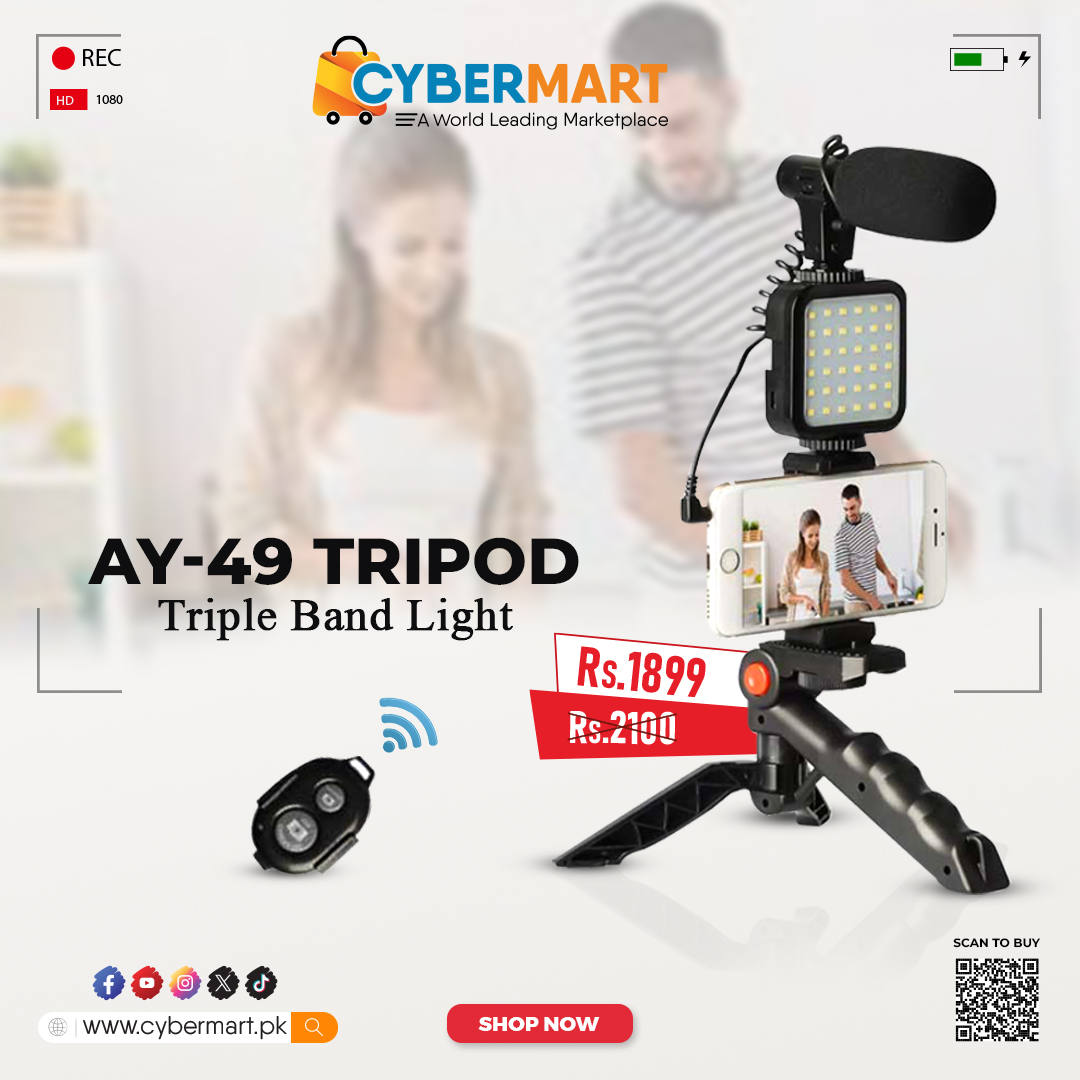 cybermartpak's tweet image. Get the AY-49 Tripod with Triple Band Light for only Rs. 1899. Perfect for vloggers, streamers, and anyone looking to capture high-quality videos with ease. 📱💡
👉 Shop now: cybermart.pk/AY-49-Video-Ma…

#ContentCreation #VloggingEssentials #TripodDeals #CyberMart #TechGadgets