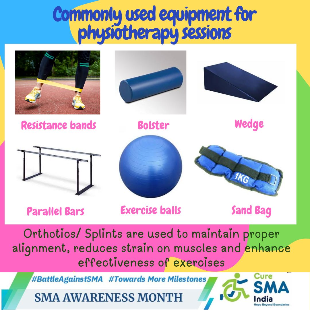 curesmaindia's tweet photo. #SMAawarenessMonth
Day 22: Boost your physiotherapy sessions with the right equipment! Stretching bands, bolsters, wedges, parallel bars etc support posture, balance &amp; mobility. Exercise balls, resistance bands  enhance strengthening &amp; stretching. #Physiotherapy #Rehabilitation https://t.co/ILaZasr3fI