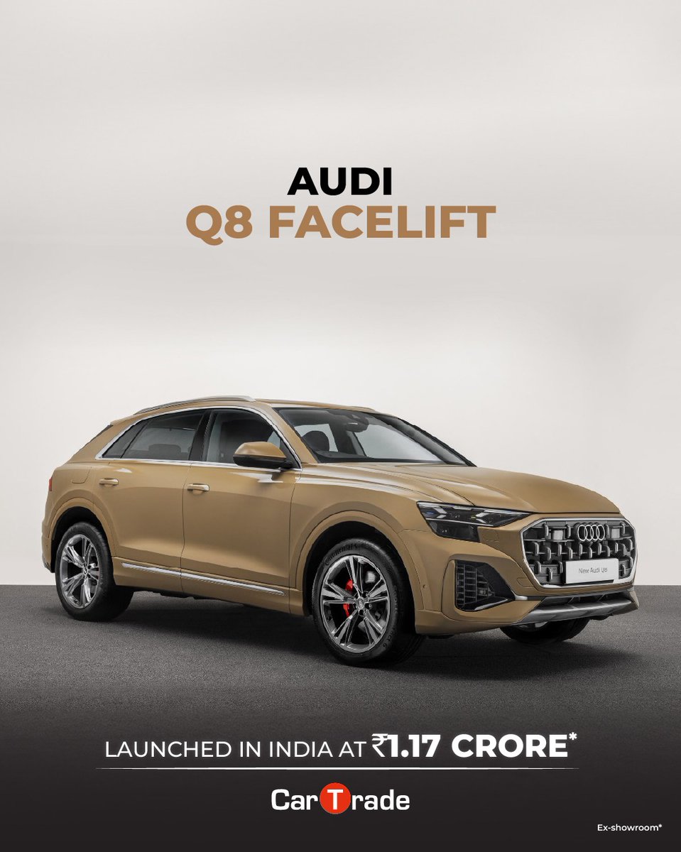 Car_Trade's tweet photo. The Audi Q8 facelift has been launched in India at Rs. 1.17 crore (ex-showroom). It costs Rs. 10 lakh more.
#audi #q8 #audiq8 #ctlaunch #cars #carlife #automotive https://t.co/1bBBnKBvKT