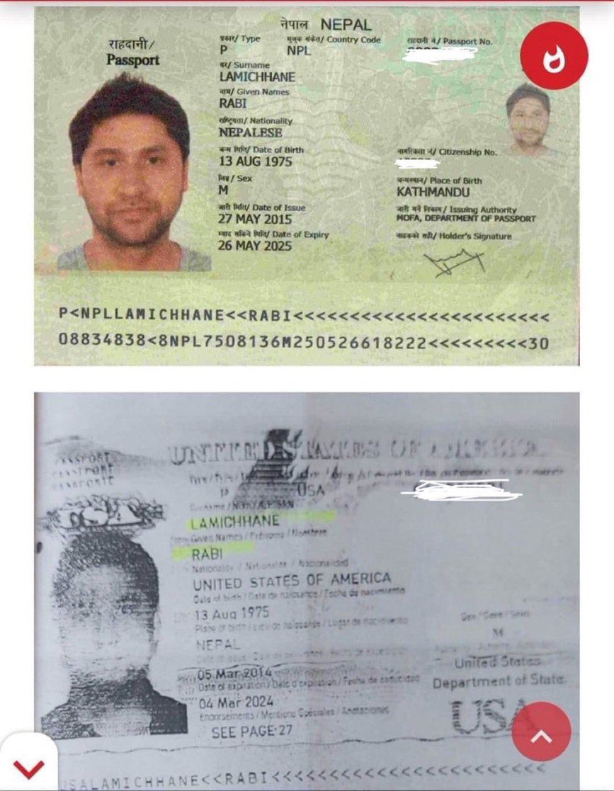 २०१५ बाट २०२५ सम्म नेपालको पासपोर्ट

२०१४ बाट २०२४ सम्म अमेरिकी पासपोर्ट

यी दुबै पासपोर्टहरुको हरेक पेज सार्वजनिक गर्नुस् <a href="/hamrorabi/">Rabi Lamichhane</a> दाजु ! यदि एकै समयमा दुबै देशको पासपोर्ट प्रयोग गर्नु भएको छ भने नेपालको कानून अनुसार तपाईं क्रिमिनल हो ! नो इफ, नो बट !!

तस्वीर स्रोतः सामाजिक