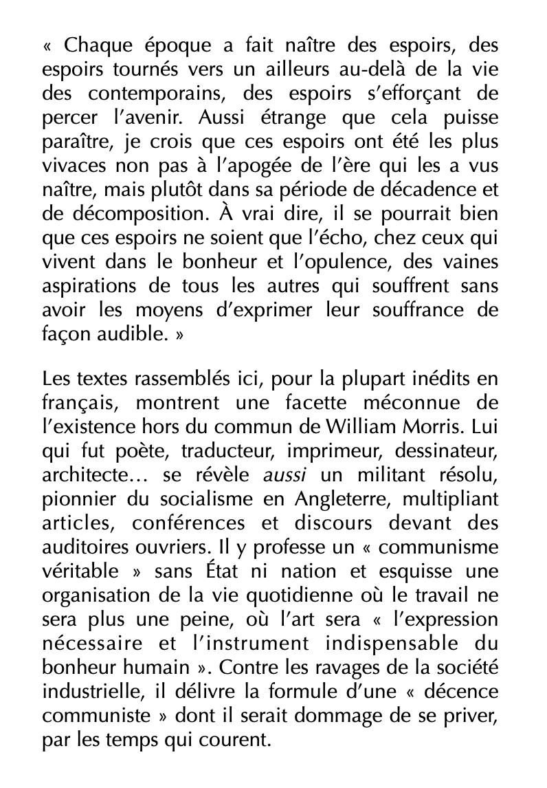 William Morris - Les espoirs de la civilisation et autres écrits socialistes

Traduit et présenté par Hervé Picton

Postface de Thierry Labica

À paraître en octobre chez La Fabrique