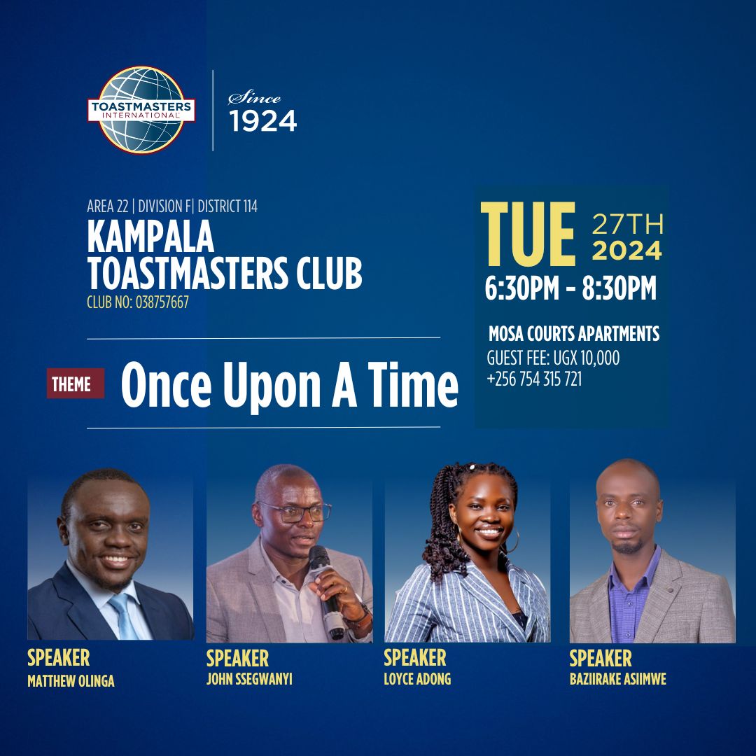 Ever felt a story that deeply resonates with you? 📖✨ Join us for Kampala Toastmasters' "Once Upon a Time" meeting! Discover how storytelling can inspire and connect. Share your experience 👇 and bring a friend to discover the magic with us! 🌟🤗