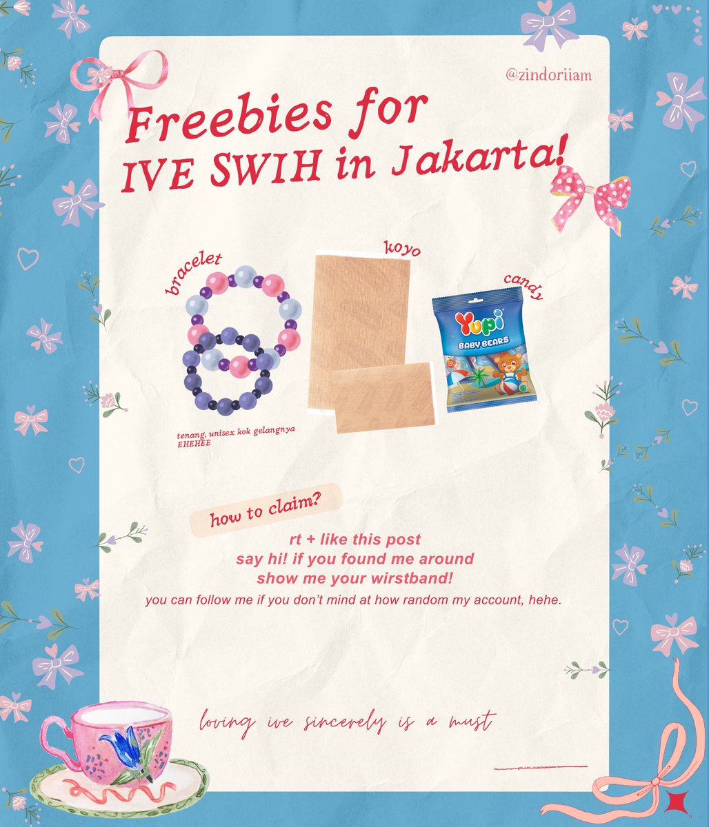 zindoriiaam's tweet photo. ✨️ IVE : SHOW WHAT I HAVE IN JAKARTA ✨️

CHEERING FREEBIES by @zindoriiam 🙈
❗️LIMITED QTY, only for ticket holder❗️

How to claim? On pict!
📍ICE BSD 
⏰️ TBA (around jam 12 - 2) 

let's be friend✨️✨️✨️
#SWIH_IN_JAKARTA #IVEinJKT2024 https://t.co/7lphvkavOq