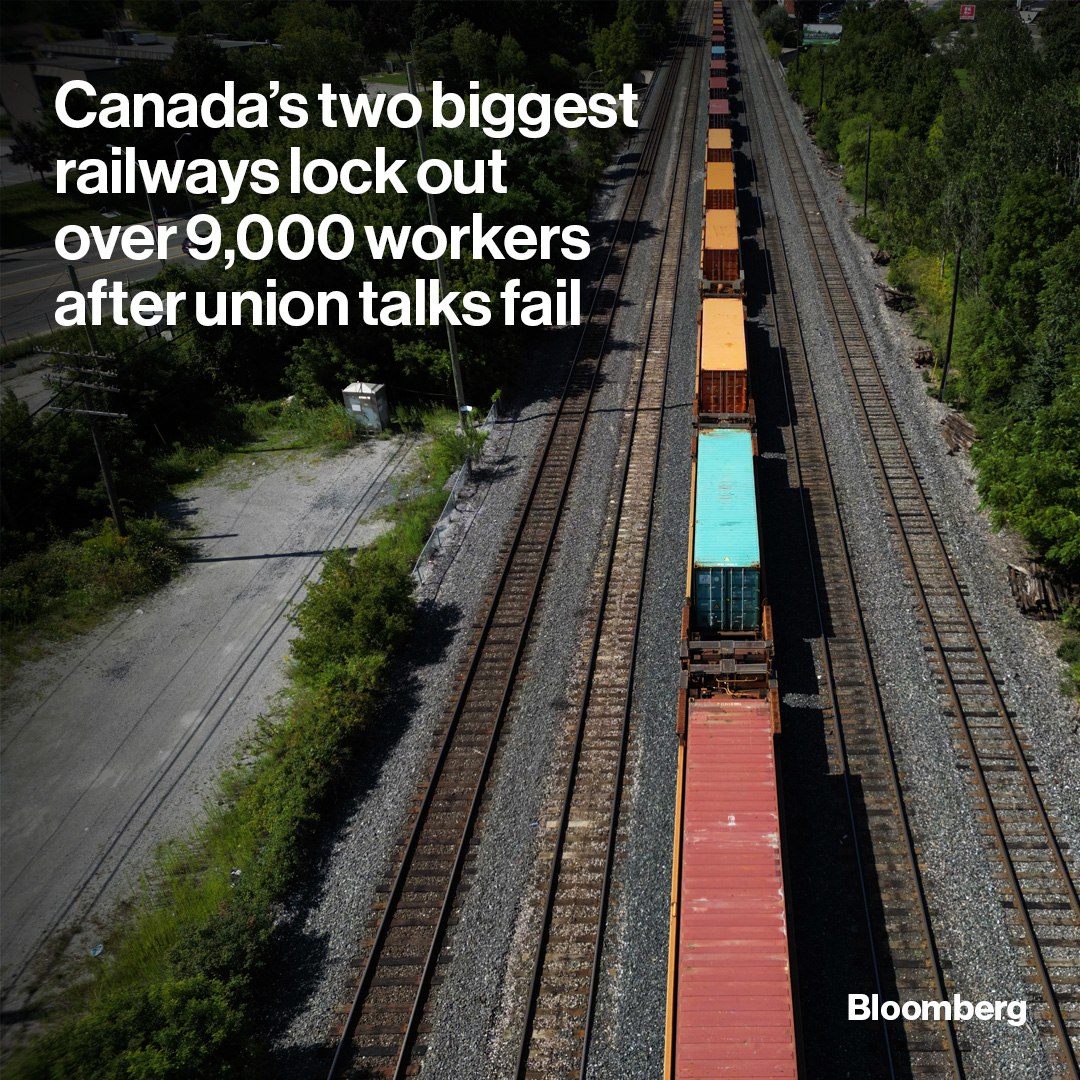 ashokmalik's tweet photo. #JUST_IN: #Canada’s two biggest #railways #shut_down early Thursday after talks with a #union failed, leaving 9,000 employees locked out and blocking #NorthAmerican supply chain arteries that carry about $740 million in trade a day. Read more: https://t.co/B9AawjVp7A https://t.co/xaCzbtNT1Y