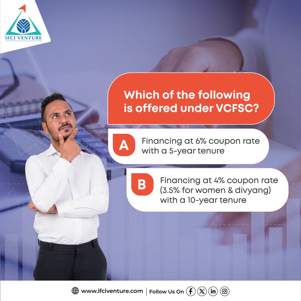 Learn how VCFSC can empower your entrepreneurial journey with special financing options. Which one do you think is correct? Test your knowledge! The correct answer will be revealed soon.

#IFCIVCF #ASIIM #Empowerment #StartupIndia
