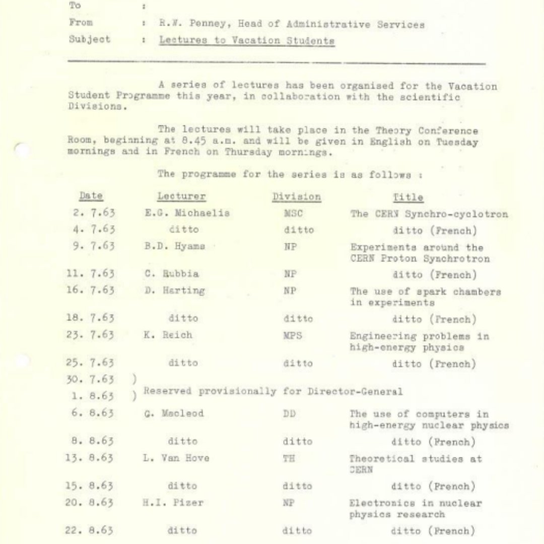 CERN's tweet photo. #ThrowbackThursday to the summer of 1968, during a lecture given by Professor T.D. Lee (1926–2024), one of the visiting scientists working at CERN, to the summer students.

The CERN Summer Student Programme was founded in 1962. Every year, even today, CERN welcomes STEM students from all over the world to take part in the day-to-day work of CERN’s experiments and to develop their own projects.

Images 2-3 show schedules from the first editions, featuring the names of lecturers such as the future Directors-General Carlo Rubbia and Léon Van Hove.

Which lecture would you like to have attended? Let us in the comments below. 👇

#CERNArchives
