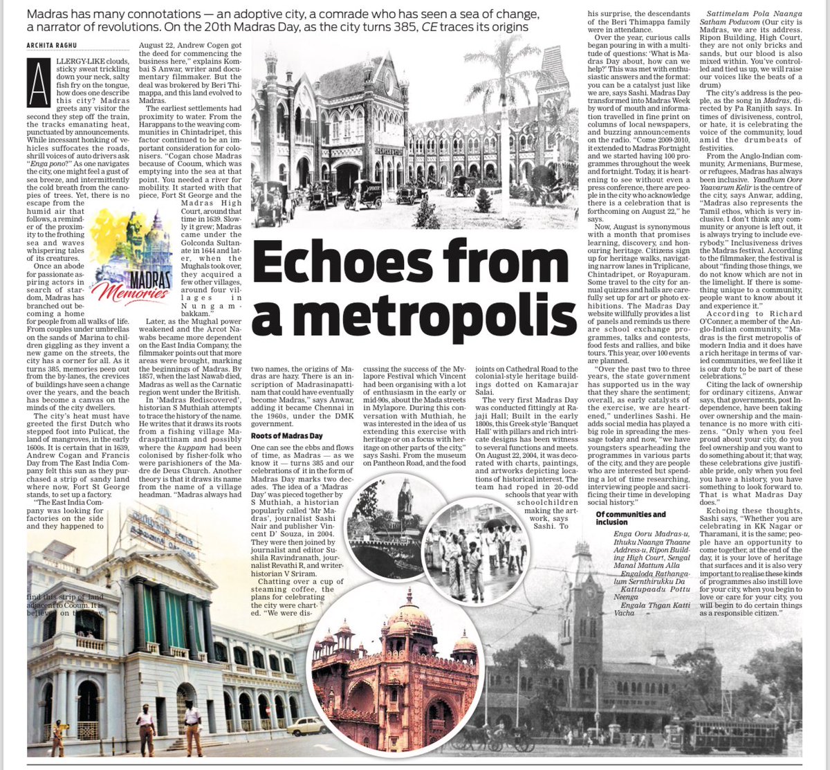 Happy 385th #Madras !! It is also the 20th #MadrasDay <a href="/arch_types/">Archita Raghu</a> turns back the clock and chronicles the city’s evolution, and what the city means to its residents <a href="/xpresstn/">TNIE Tamil Nadu</a> <a href="/NewIndianXpress/">The New Indian Express</a> 
Read: newindianexpress.com/cities/chennai…