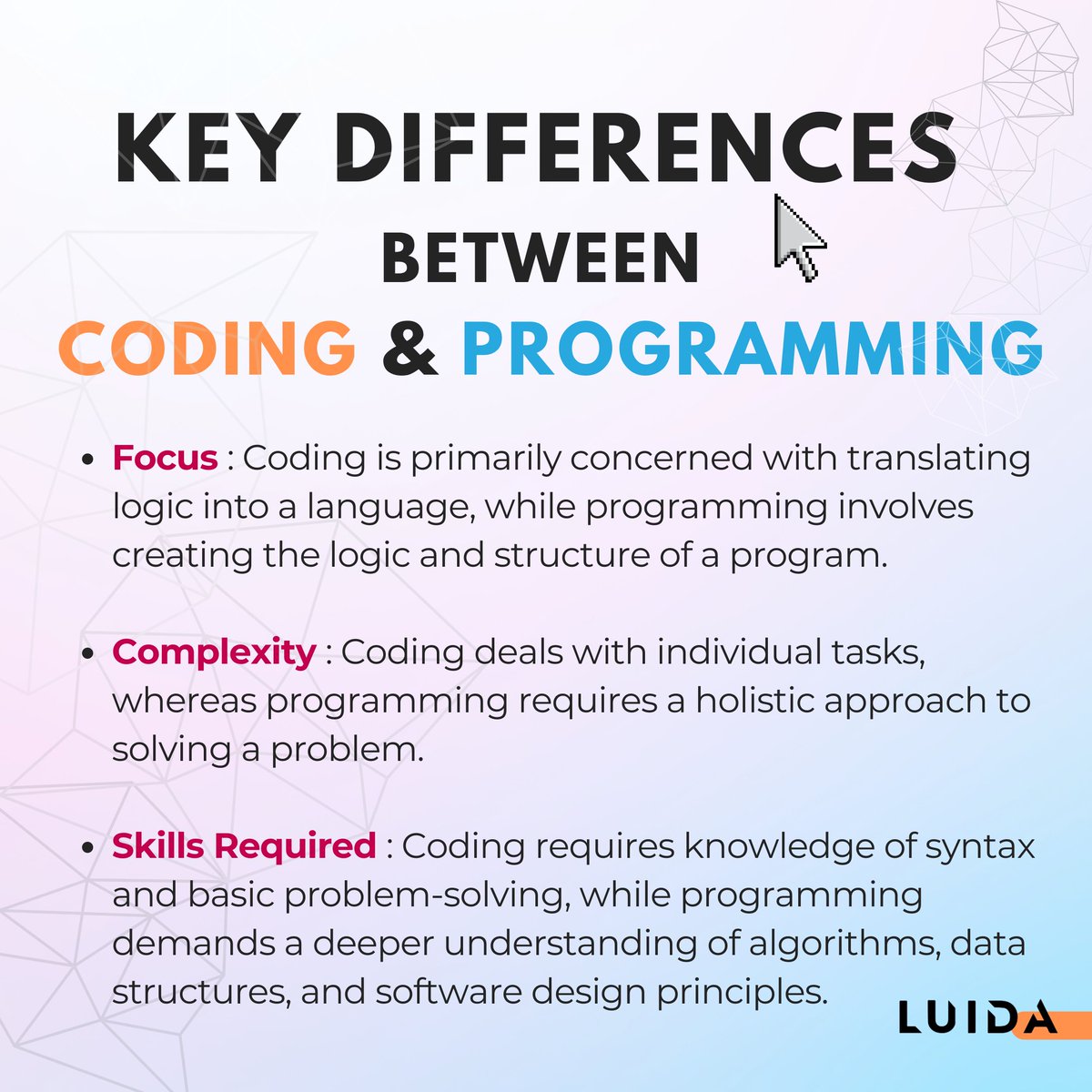 Luida_Singapore's tweet image. What are Coding and Programming differences?

#codingvsprogramming #softwaredevelopment #techeducation #programmingbasics
#Luida #luidasg #developers