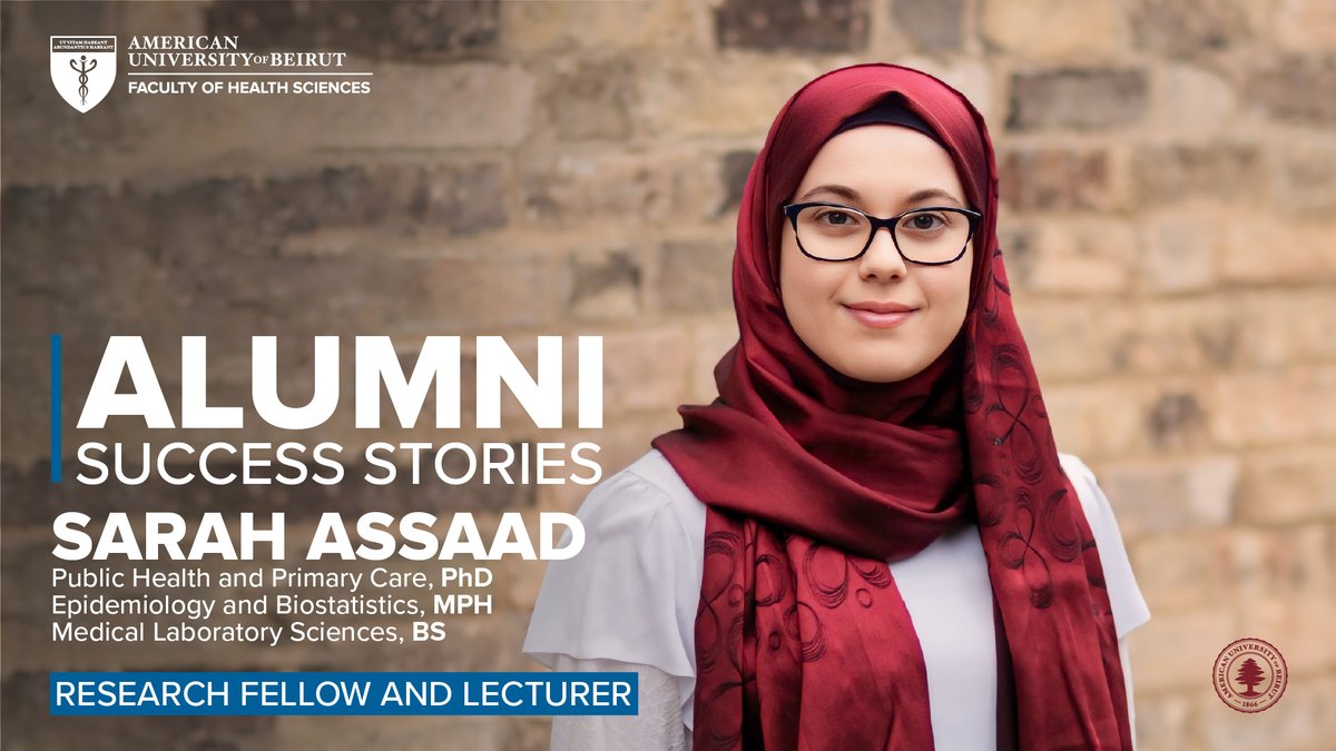 FHS_AUB's tweet photo. ๐Meet Dr. Sarah Assaad, a proud #FHSAlumni!
She holds an MPH in Epidemiology and Biostatistics (2015) and a BS in Medical Laboratory Sciences (2013) from FHS AUB. She is a Research Fellow and Lecturer at University College London (UCL), UK.
Know more๐https://t.co/U32qqRcDBQ https://t.co/vUbXqn0aiW