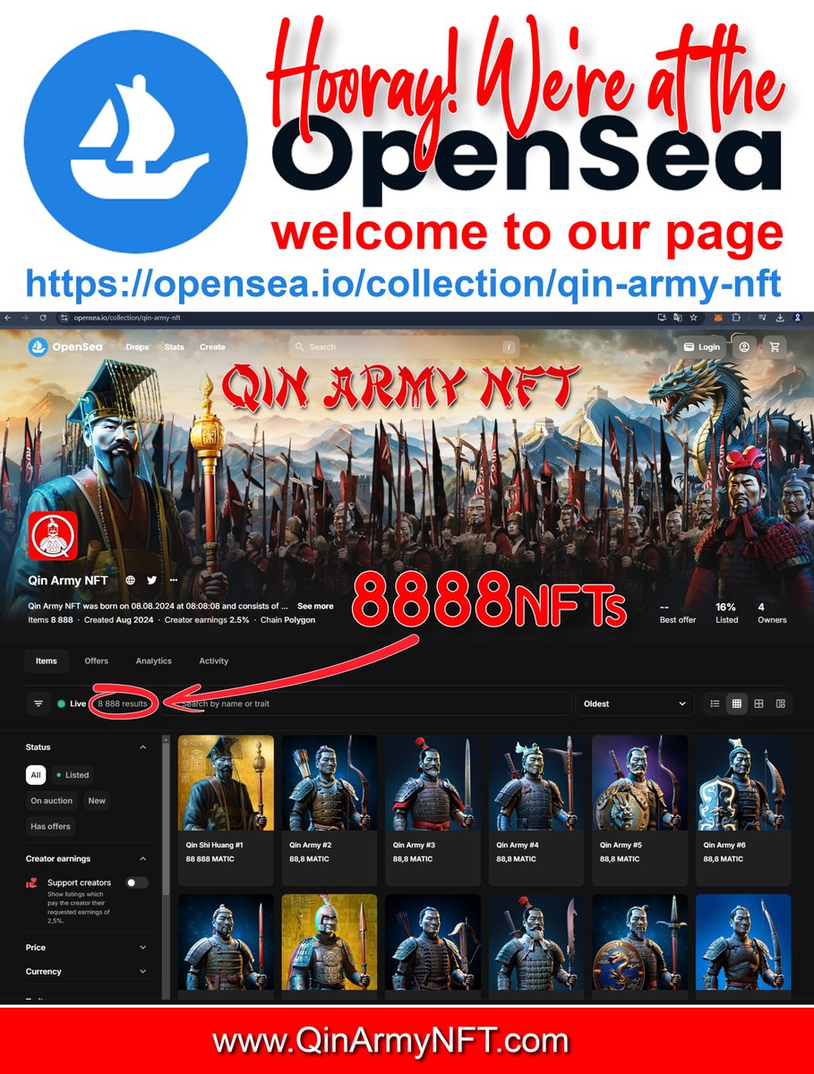 Dear friends!
 🚀 We are excited to announce the launch of the #QinArmyNFT collection on #OpenSea! 🎉
Immerse yourself in the history and culture of ancient China with our unique collection inspired by the legendary Terracotta Army of China's first emperor, Qin Shi Huang.
We have