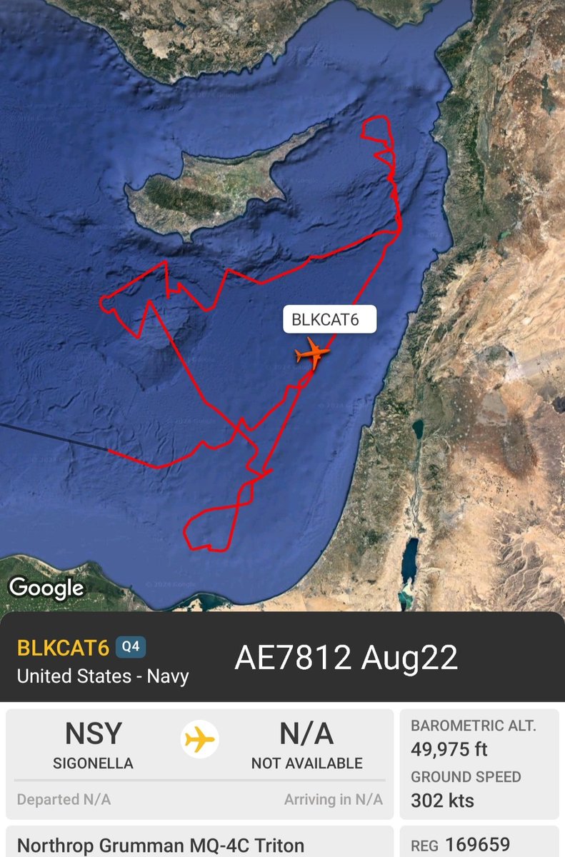 LebanonJets's tweet photo. Military: #USN UnitedStates Navy #MQ4C spy-eyes in the sky up at FL500 out of #Sigonella #Sicily gets a minimum line-of-sight range of 450km up to 600km radio horizon coverage
hex #AE7812 169659
public track: #BLKCAT6 https://t.co/imTsrecAlI https://t.co/atU5d64kfW