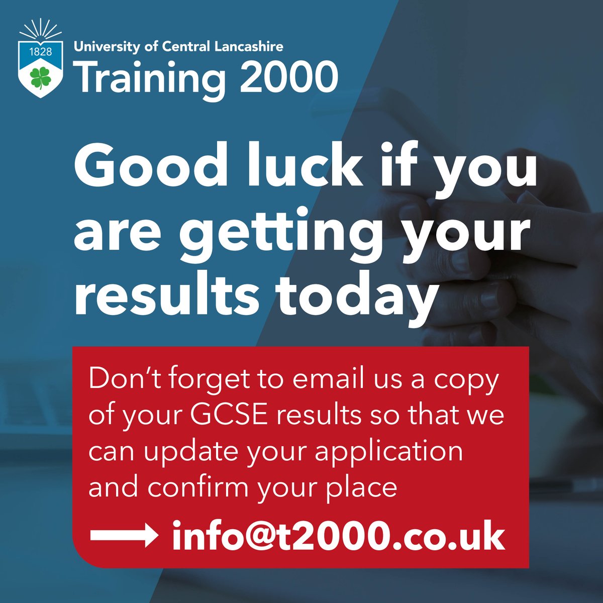 Training 2000 (@training2000) on Twitter photo Good luck if you are receiving your GCSE results today! 🍀
If you have applied, you can email a copy of your results to info@t2000.co.uk to confirm your place 📩
#Resultsday #Training2000 #Apprenticeships Good luck if you are receiving your GCSE results today! 🍀
If you have applied, you can email a copy of your results to info@t2000.co.uk to confirm your place 📩
#Resultsday #Training2000 #Apprenticeships